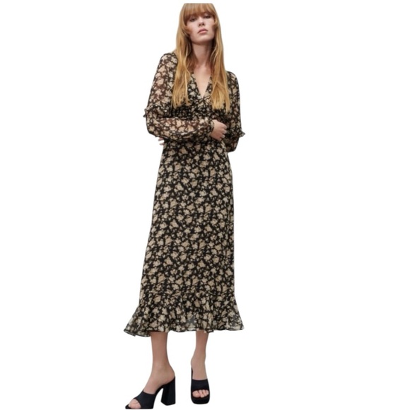 Zara Dresses & Skirts - NEW! ZARA New Woman Midi Dress Floral Ruffled Lined Black Cream Size Medium